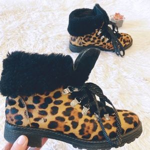 J. CREW Animal Cow Fur Print Black Brown Combat Ankle Boots women’s 7